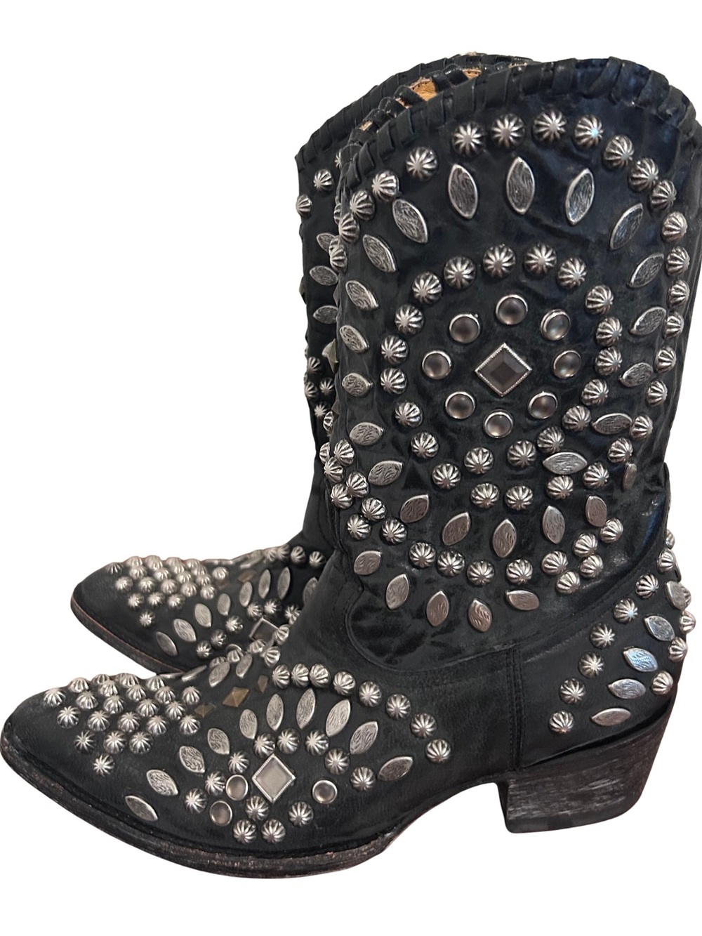 Old Gringo Black Leather Western silver studded Cowboy Boots Womens Sz 8 booties